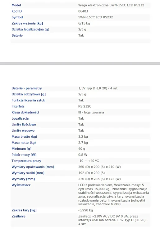 Waga elektroniczna SWN 15 kg LCD RS232