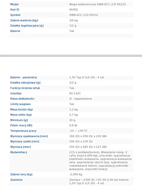 Waga elektroniczna CAS SWN 6 kg LCD RS232