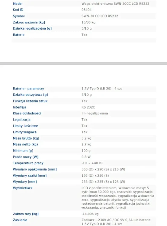 Waga elektroniczna SWN 30 kg LCD RS232